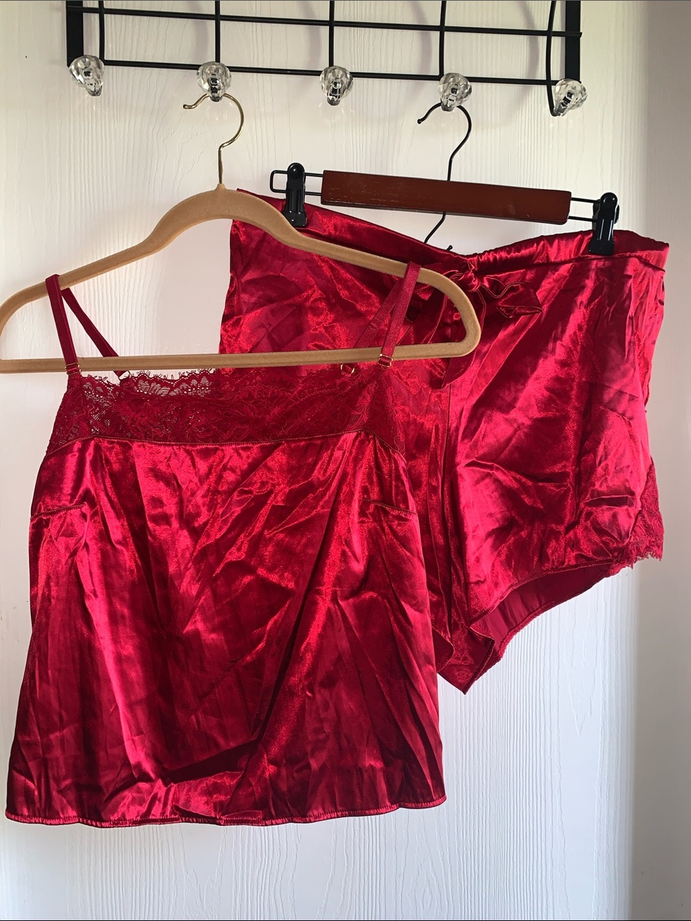 Lace-Trim Satin Camisole & Shorts Pajama Set - Red